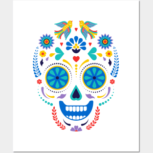 Smiling Floral Dia De Los Muertos Skull Posters and Art